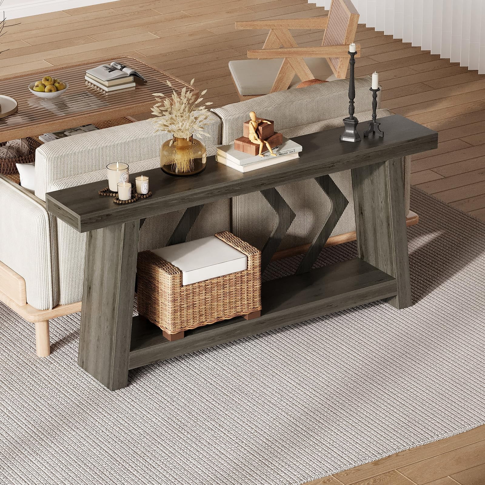 70.9 Inch Extra Long Console Table, 2-Tier All-Wood Sofa Table with Sturdy Trapezoid Legs, Entryway & Hallway Table for Living Room, Foyer