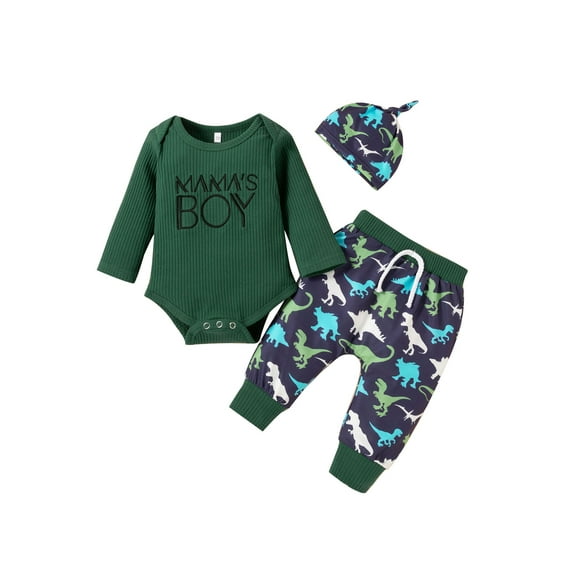 Seyurigaoka 3Pcs Cute Babys Boys Layette, Letters Pattern Romper, Dinosaur Print Pants and Cap