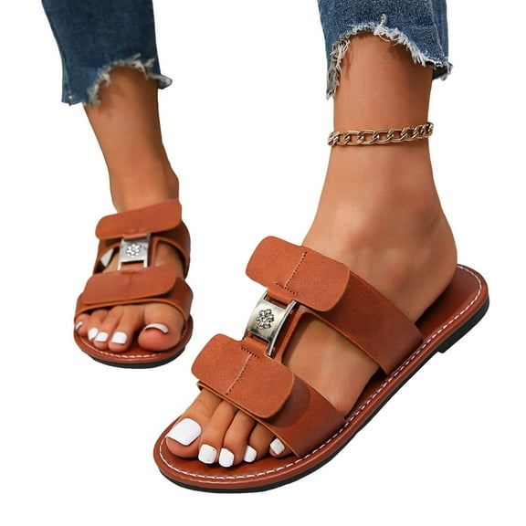 Slides Sandals for Women 2025 Fashion Casual Leather Open Toe Dress Flats Beach Summer Dressy Slip on Shoes