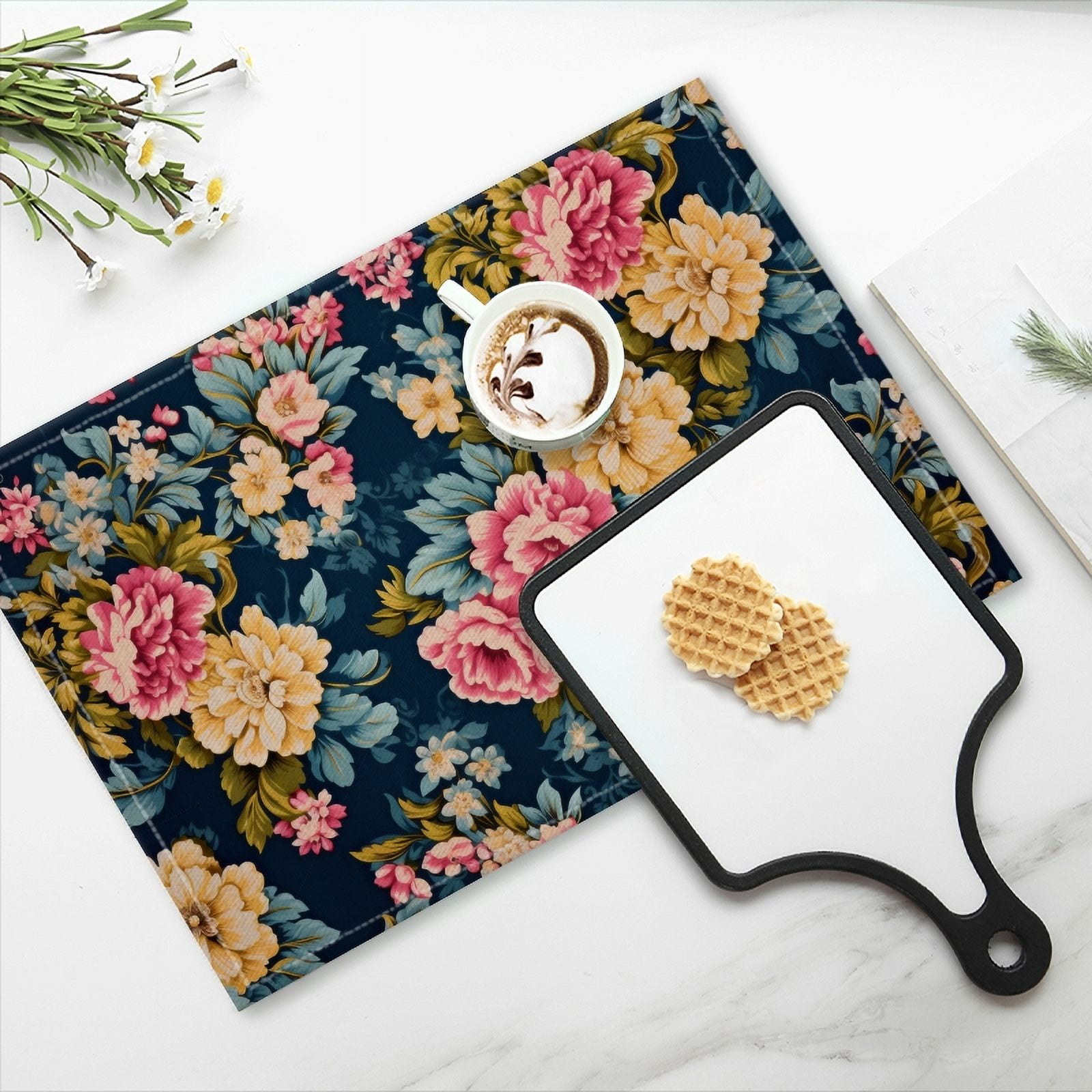 BaHomeck placemats Set of 4 Vintage Floral Pattern With Pink And Yellow Flowers Cotton Linen rectangle Placemats for Kitchen Dining Table Indoor,Outdoor,18*12inch