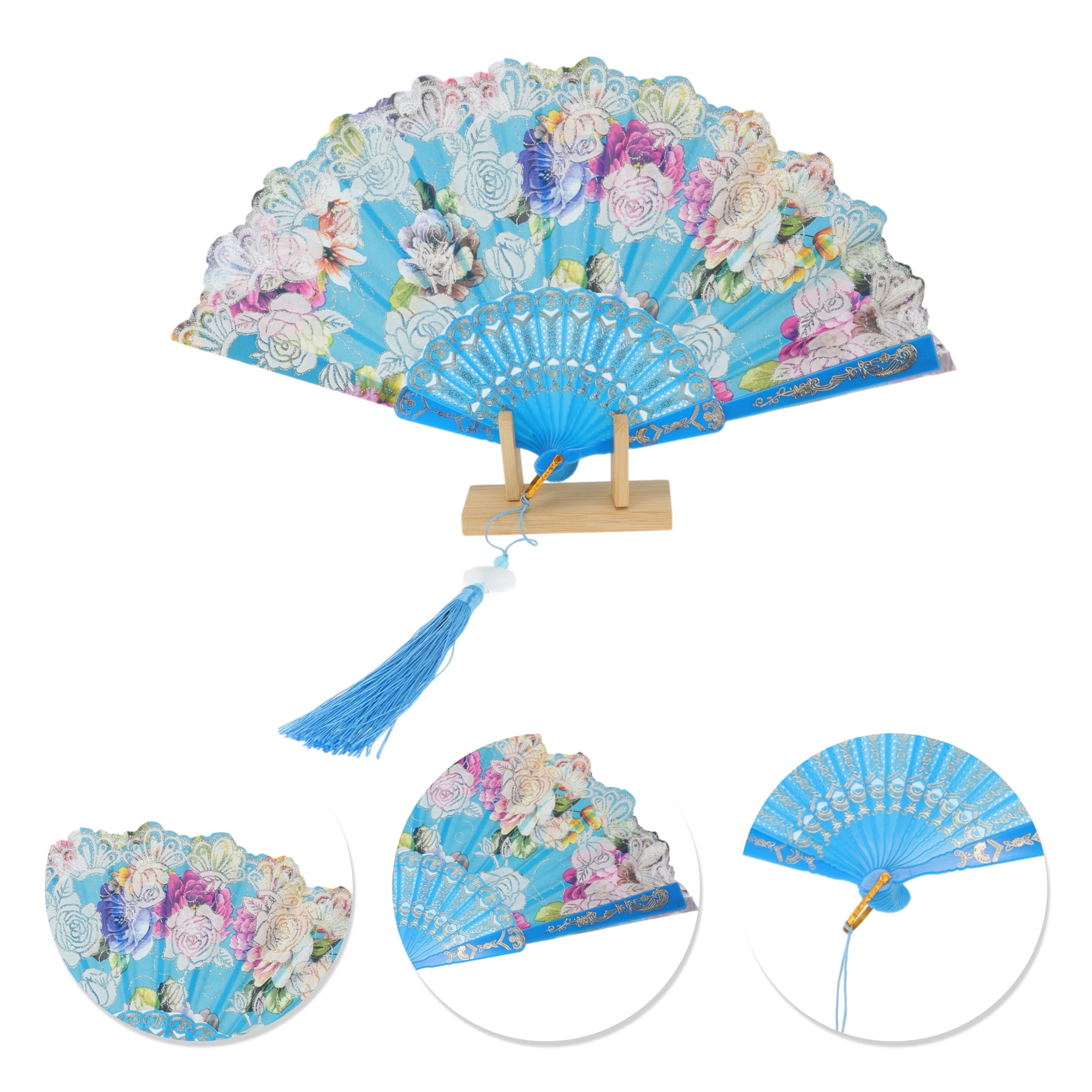 Unique Bargains Rose Print With Tassel Folding Fan 1 Pc For Summer Decorations Sky Blue