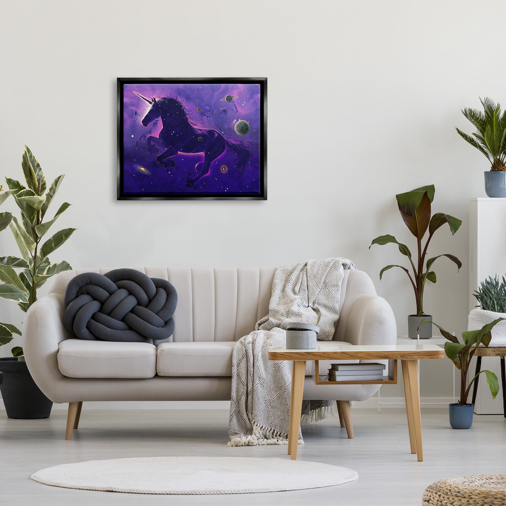 Stupell Industries Purple Unicorn Nebula Fairy Tales & Fantasy Painting Black Floater Framed Canvas Art Print Wall Art, 31 x 25