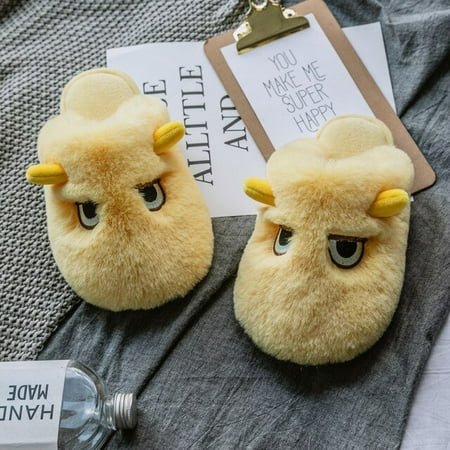 

CoCopeanut Winter Home Women Fur Slippers Cute Cartoon Monster-eyes Fuzzy Indoor Ladies Slides Warm Plush House Couples Fluff Slippers