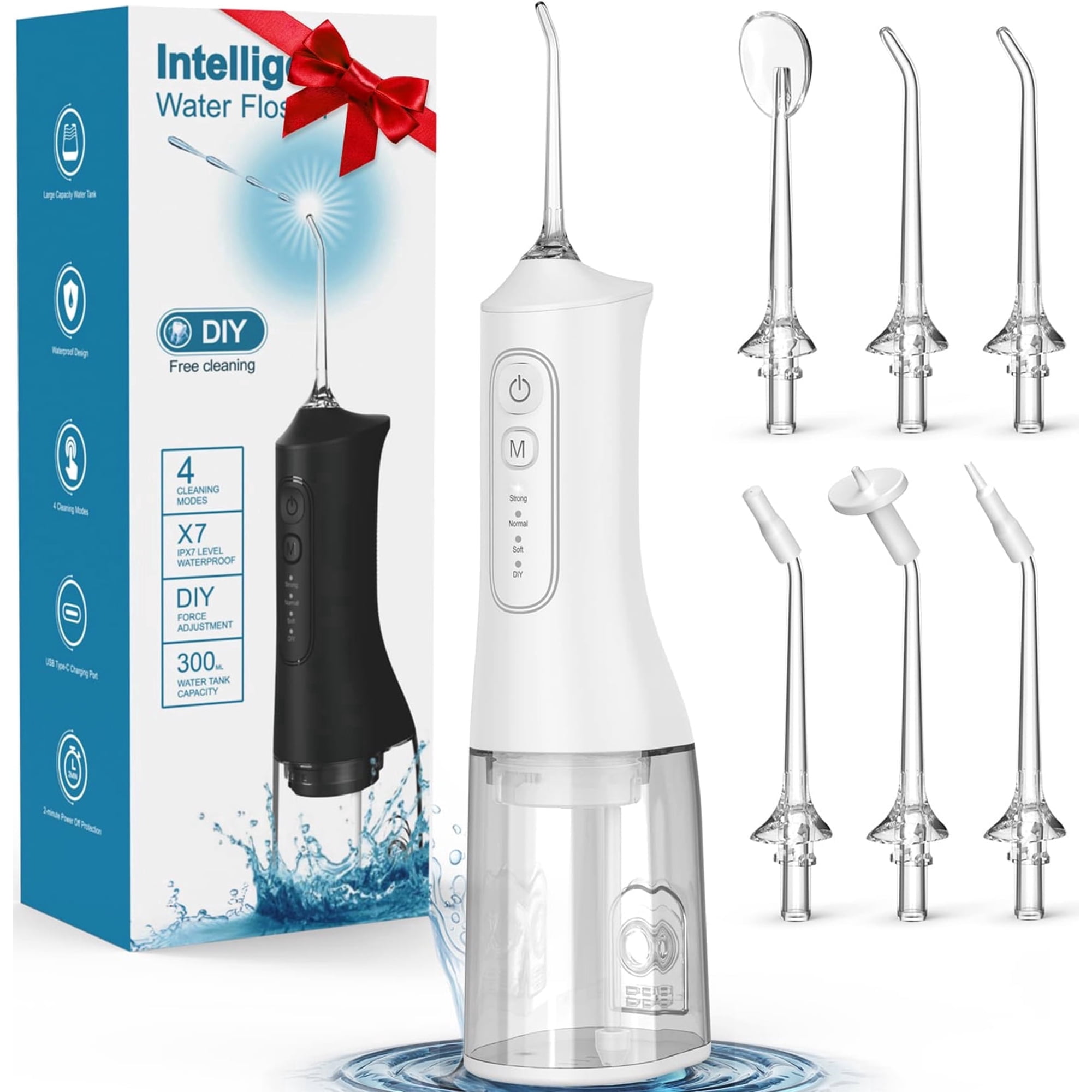 Water Flosser,Irrigador Dental with 4 Modes,6 Jet Tips, 300ML Tank & IPX7 Waterproof Water Flossers for Teeth(White)