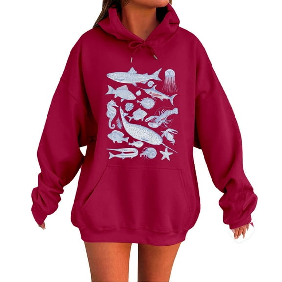 XIAONU Hoodies For Women Letter Print Drop Shoulder Hoodie Baggy Long Sleeve Oversized Drawstring Sweatshirt With Pockets