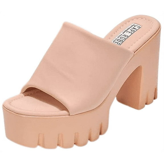 Cape Robbin Echoya Nude Slip On Block Heel Open Round Toe Fashion Heeled Sandals (Nude, 5)
