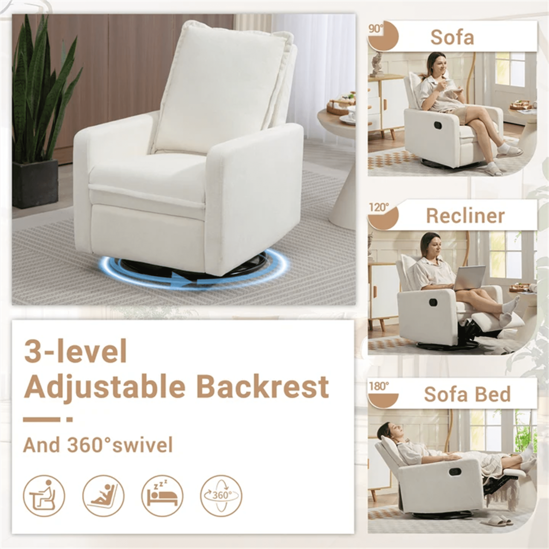 HSUNNS 360° Swivel Rocker Recliner for Adults, Small Rocking Recliner for Small Spaces, Glider Recliner for Nursery, Rocking Chair , Manual Recliner Chair for Living Room, Bedroom, White