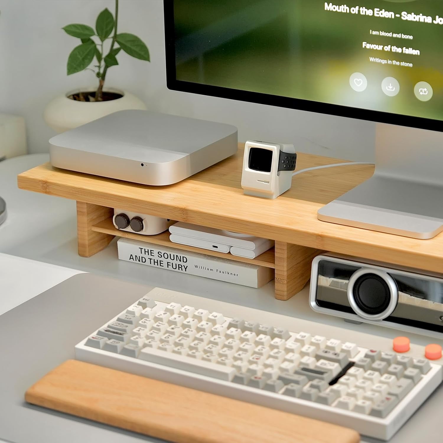Dual Monitor Stand Riser, 2-Tier Bamboo Desk Shelf for Computer Monitors, Printer, and Heavy TV up to 300 lbs