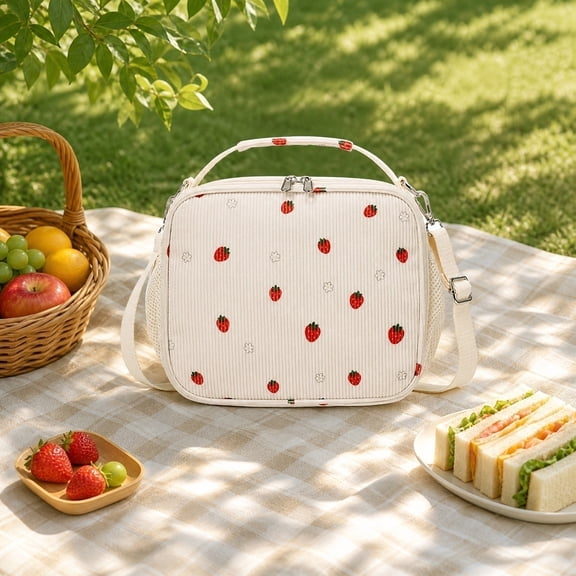 Yardvibe Insulated Corduroy Lunch Bags for Adults, 10.24" × 8.66" × 3.15" Cute Strawberry Leakproof Large Capacity Lunch Box With Shoulder Strap and Pocket, Lunch Tote Bag