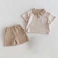 thumbnail image 2 of Odeerbi Kids Boys Girls Two Piece Outfits Cotton Summer Clothes Children's Casual Lapel Button Short Sleeve Round Neck Top Shirt Shorts with Pocket Two-piece Set Khaki, 2 of 9