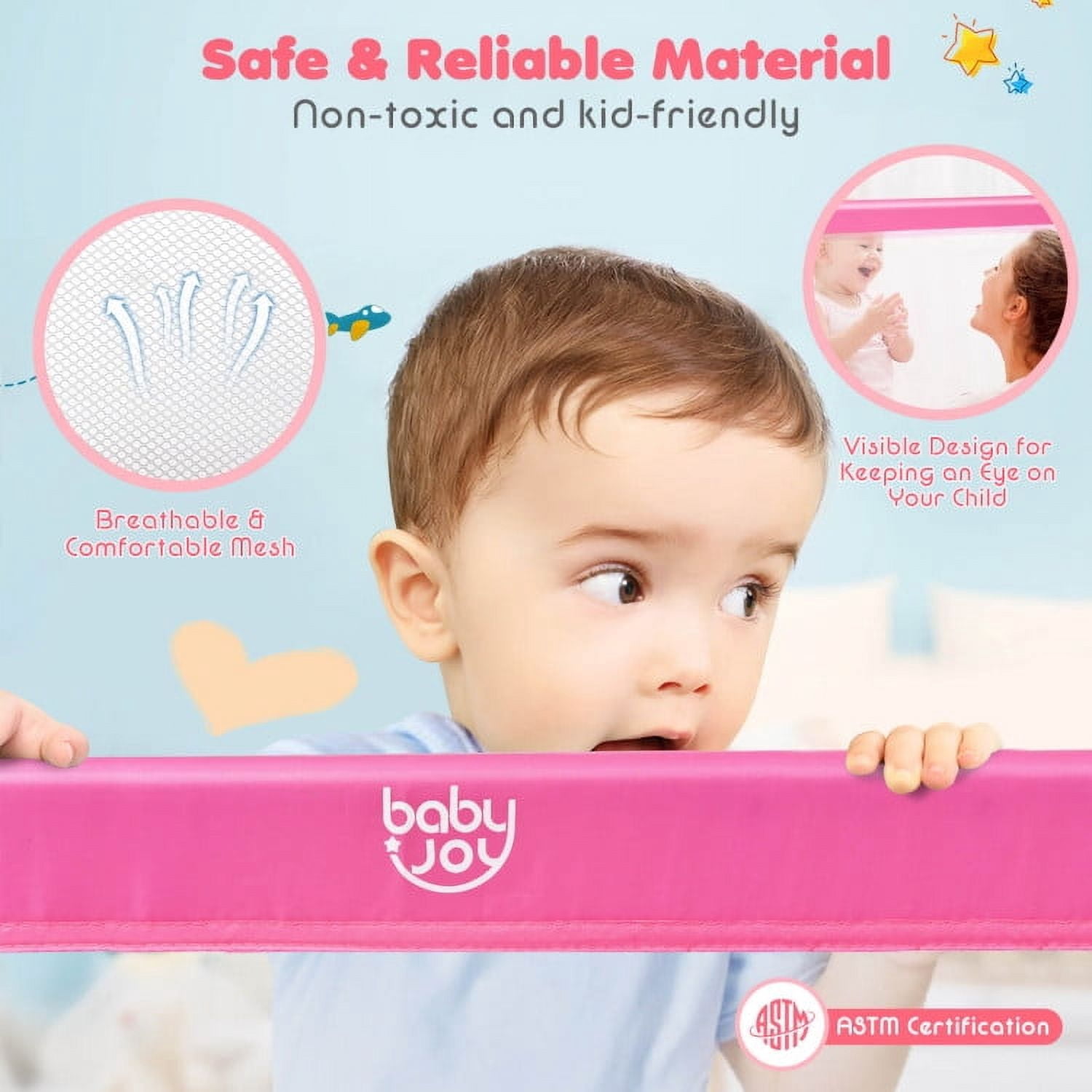 YYAo Bed Guard Rails,Bed Fence,Bed Gate for Baby,59 Inch Folding Breathable Baby Bed Rail Guard with Safety Strap-Pink