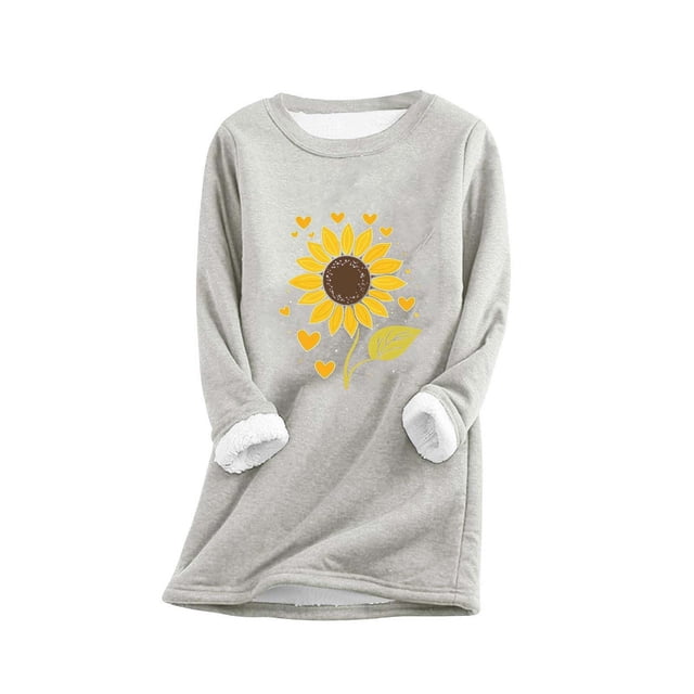 Économies Automne/hiver! HVOBTTY T-Shirt chandail-Over pour Femmes, T-Shirt d'Hiver Imprimé Col Rond Manches Longues en Laine d'Agneau Gris Chaud, TTG