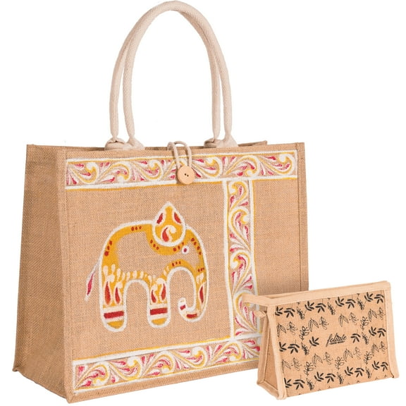 FOLIATE Jute Tote Handbag with Zipper Pouch (Large, The Elephant)