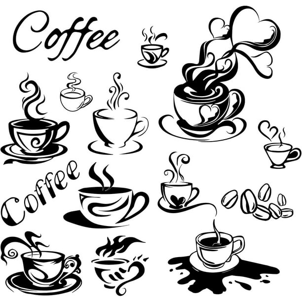 4 pegatinas de pared de café negro, pegatinas de taza de café, pegatinas de vinilo para pared, pegatinas de decoración de pared de café, regalo