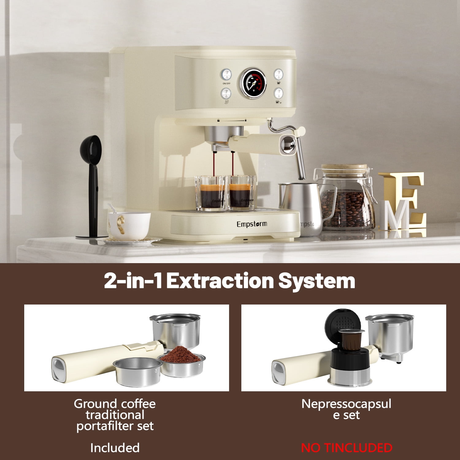 20 Bar Espresso Machine with Milk Frother Steam Wand, 3-in-1 Coffee Maker, Compatible with NS Pods, Stainless Steel, for Latte & Cappuccino, Beige