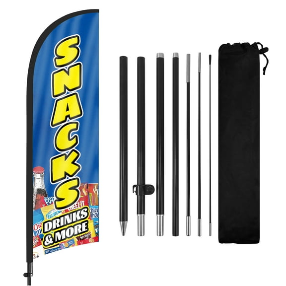 QSUM Snacks And Beverages Feather Flag with Flag Pole Kit and Ground Spike, 8.2FT Snacks And Beverages Windless Flag Banner Sign Business for Outdoor Advertising Sign Decoration Display