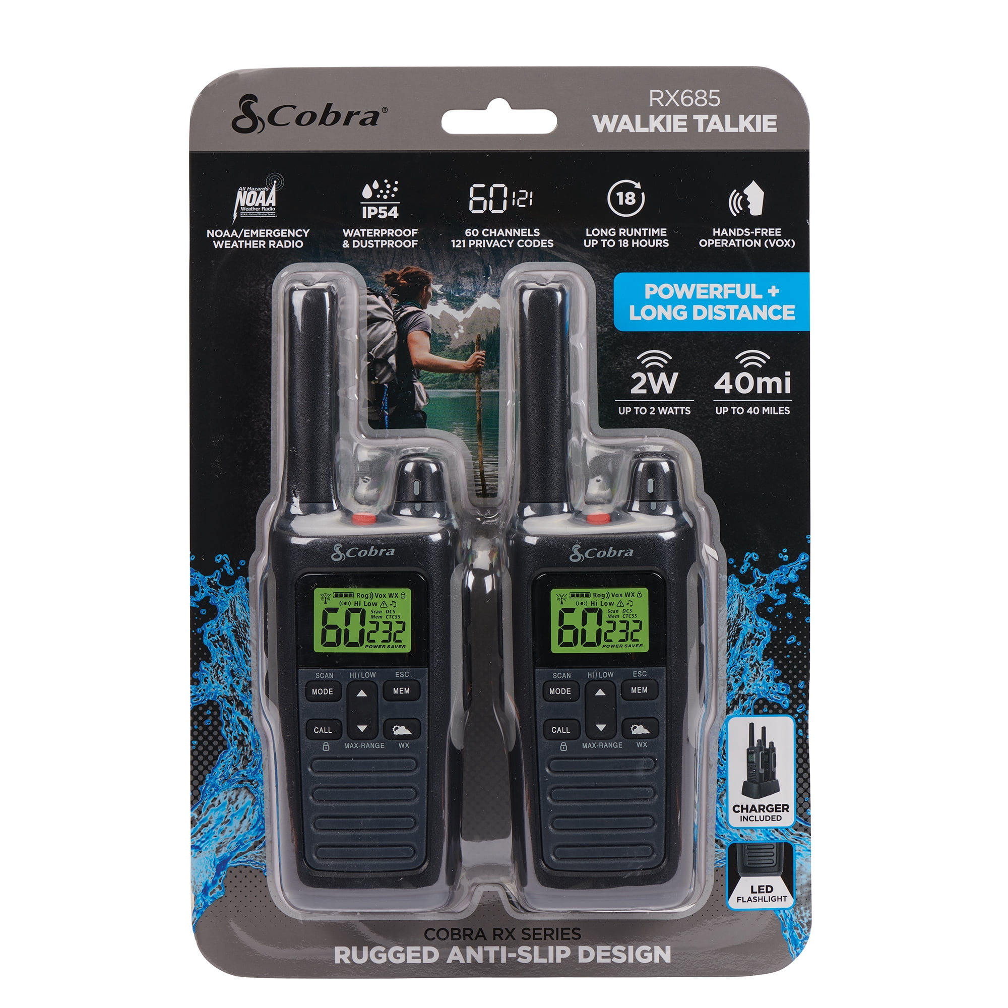 Cobra RX685 Walkie Talkies Pair, 40-Mile Range 2-Way Radios, IP54 Waterproof, NOAA Weather Alerts