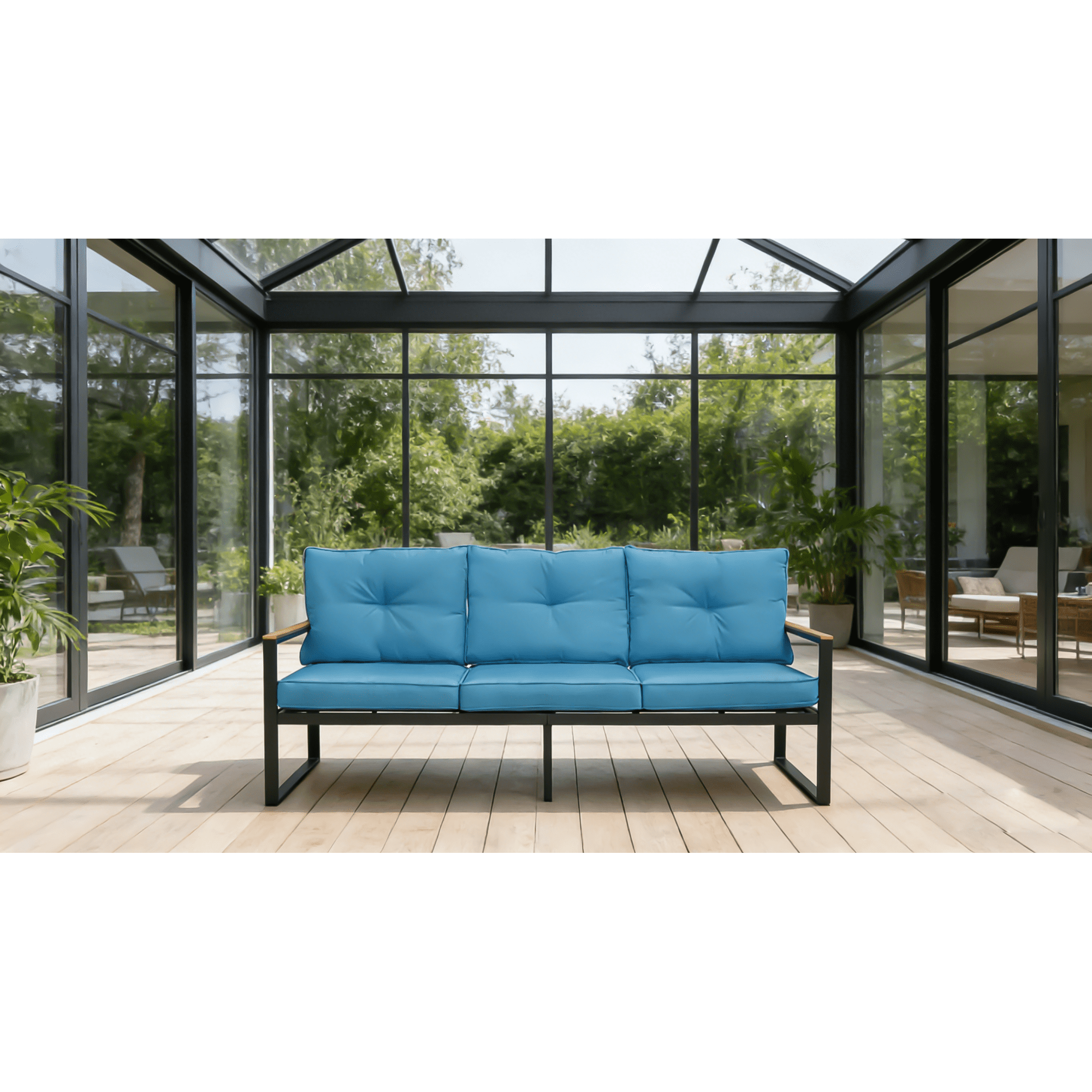 Leumius Outdoor Patio Sofa,Metal 3-Seat Couch with Thick Cushions,Patio Conversation Sofa Couch for Deck Garden Poolside,Blue