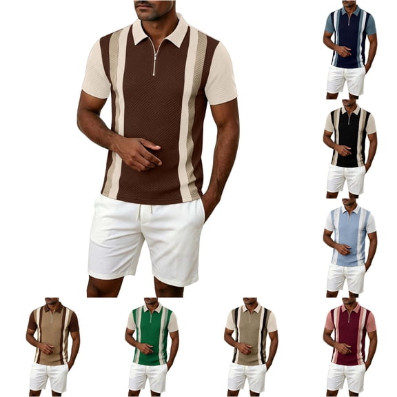 Afdoent Polo Shirts For Men Color Block Zip Short Sleeve Polo Shirt Casual Knit Breathable Activewear Tennis Sportswear Loose Fit