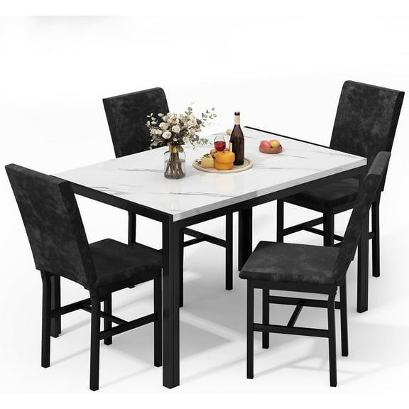 AWQM Products 5-Piece Marble Dining Set, Modern Kitchen Table and Chairs for Dining Room, Dinette, Compact Space Saving Furniture, 4 Upholstered Velvet Chairs - White