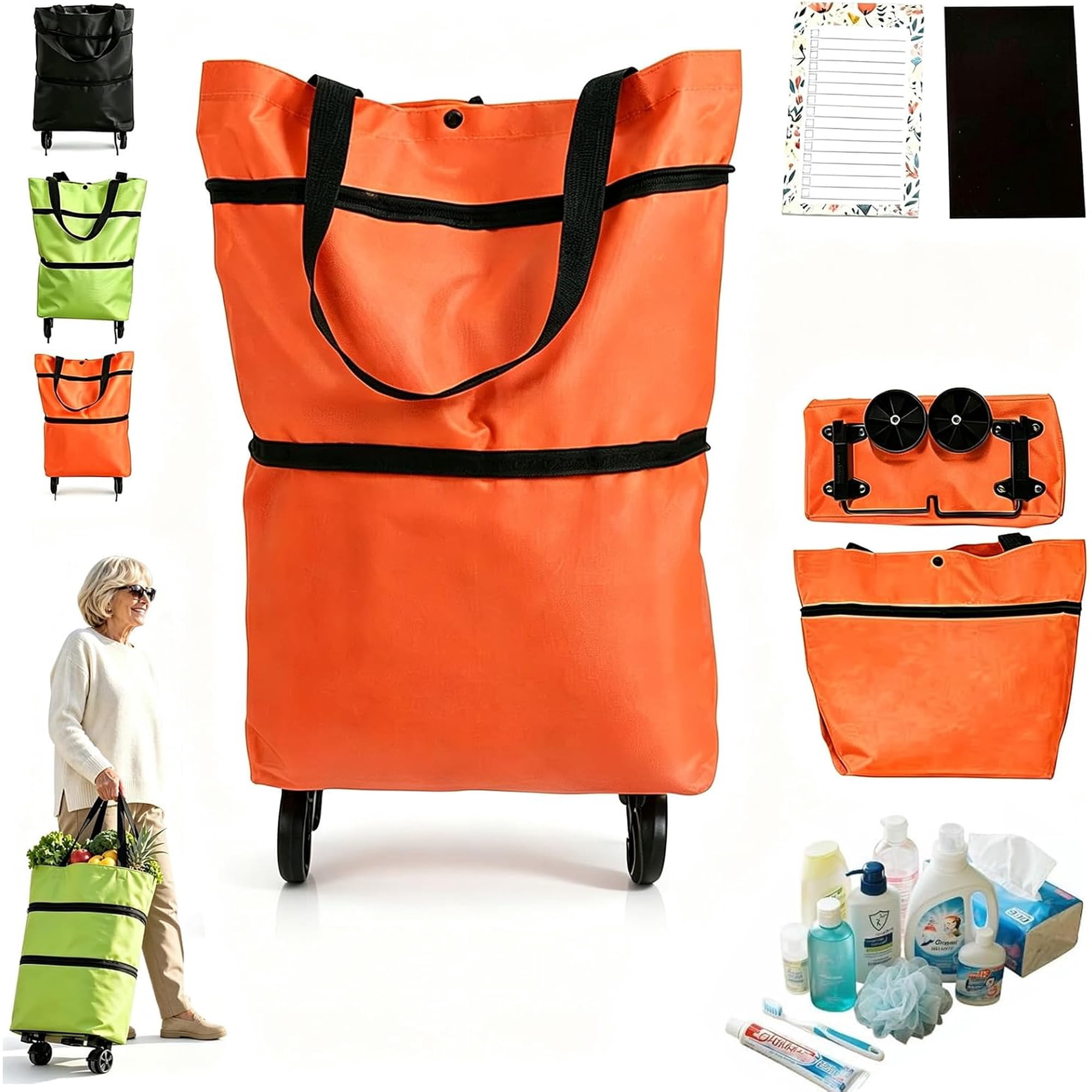 2-in-1 Foldable Shopping Cart with Wheels Lightweight for Grocery | Waterproof Oxford Fabric Foldable Storage Design Detachable Shopping Bag Indoor and Outdoor Use Compact Daily Transport