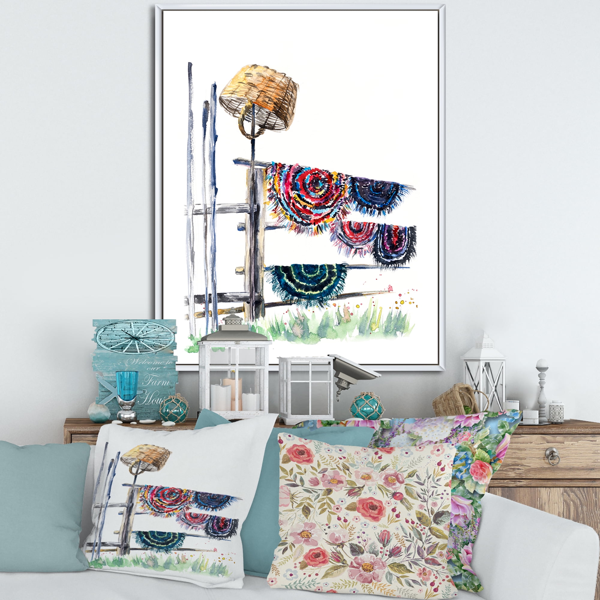 Designart 'Colorful Russian Rugs On Drying Line' Global Framed Canvas Wall Art Print