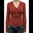 thumbnail image 3 of Suéteres de Mujer, Camisetas de Punto Acanalado con Cuello en V y Larga, Blusas Casuales con Botones, Tendencia de Otoño 2025. Rojo Óxido L, 3 of 7