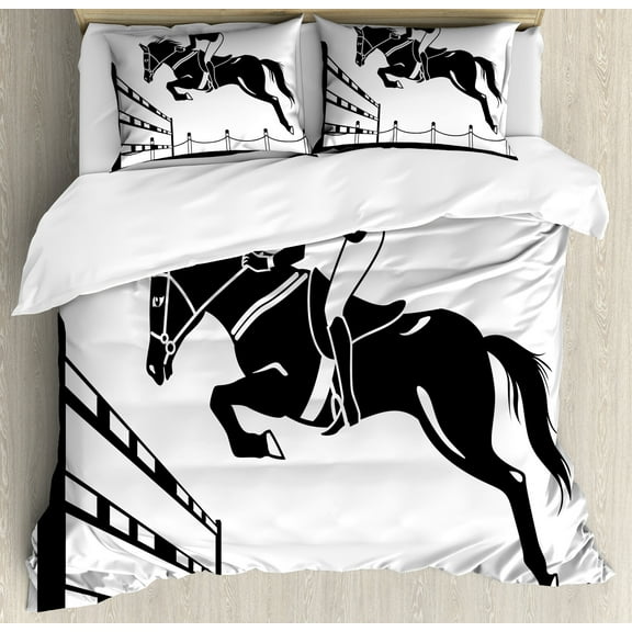 Cartoon Duvet Cover Set, Racing Horse with a Jockey Girl Jumping Above Barrier Barn Farming Print, Decorative 3 Piece Bedding Set with 2 Pillow Shams, King Size, White Charcoal Grey, by Ambesonne