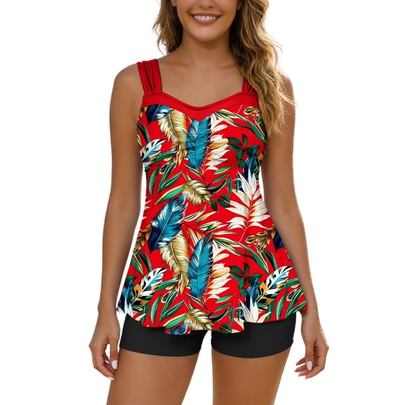 Tbopshirt Women's Tankini Swimsuits Wide Strap Printing Summer Tankini Bathing Suits Flowy Swim Tank Tops with Boyshorts Tummy Control Beach Bikini Sets