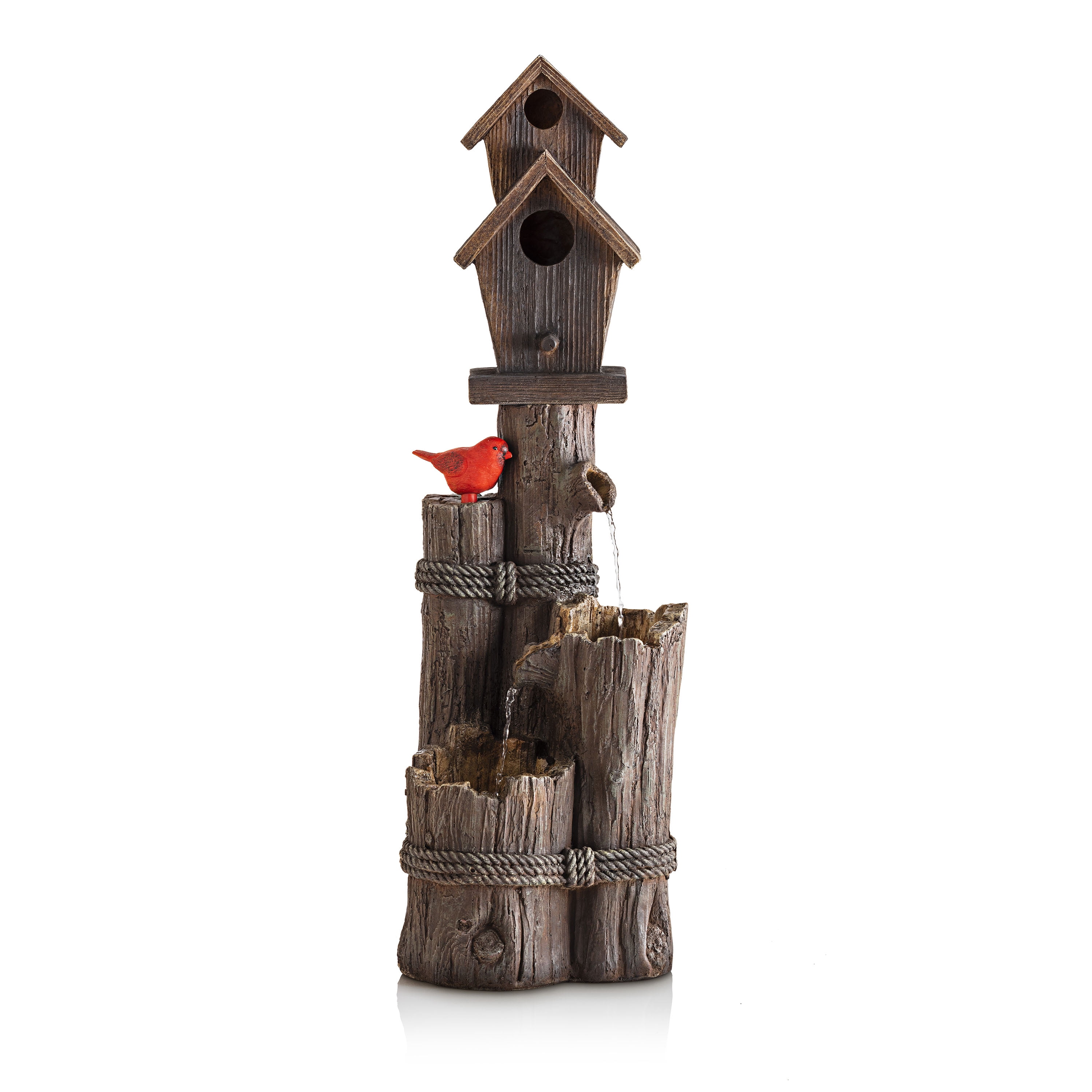 Alpine Corporation WCT1002 35" Tall Outdoor 3-Tier Birdhouse Water Fountain with Cardinal Accent, Rustic Floor Decor for Garden and Patio, Brown