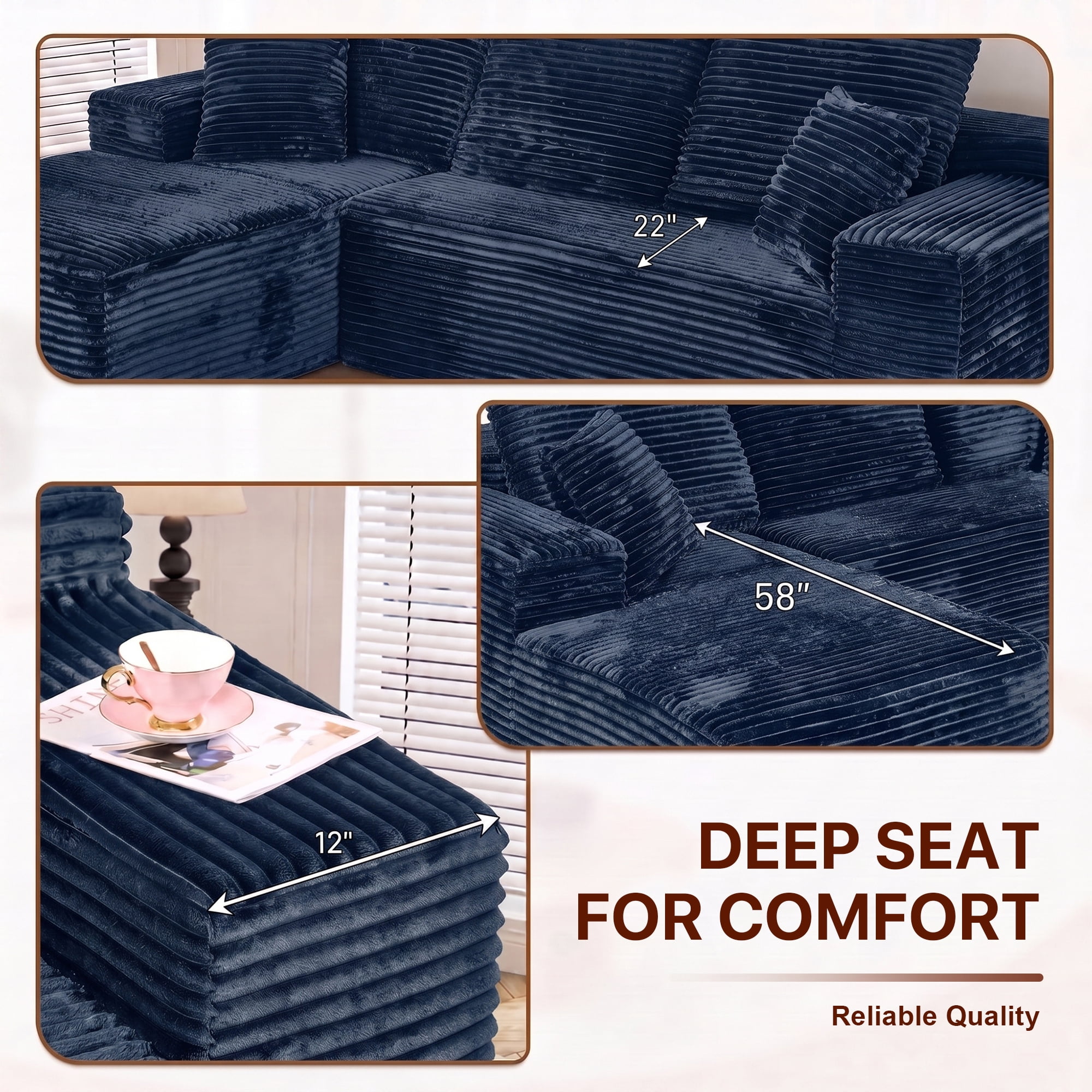 Aukfa 108" Cloud Sectional Sofa Deep Seat Boneless Couch Modular L-Shaped Couch, Left Chaise Corduroy Sofa for Living Room, Blue
