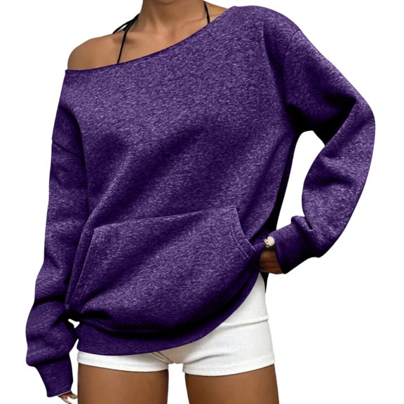 Resicozy Off the Shoulder Sweatshirt for Women Trendy Oversized Cute Crewneck Sweatshirts Fall Travel Plain Hoodie with Pocket Purple 2XL