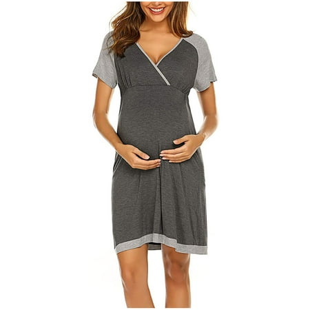 

asdoklhq Maternity Dress Woman Splicing Short Sleeve Breast-feeding Pregnant Maternity Nursing Dress