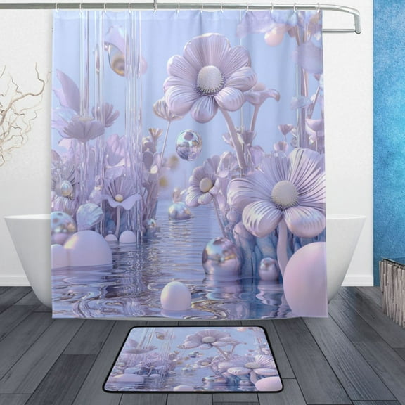 Bath Curtain & Non-Slip Bath Mat Set 12-Grommet Shower Curtain Memory Foam Bath Rug Pale Lavender Floral