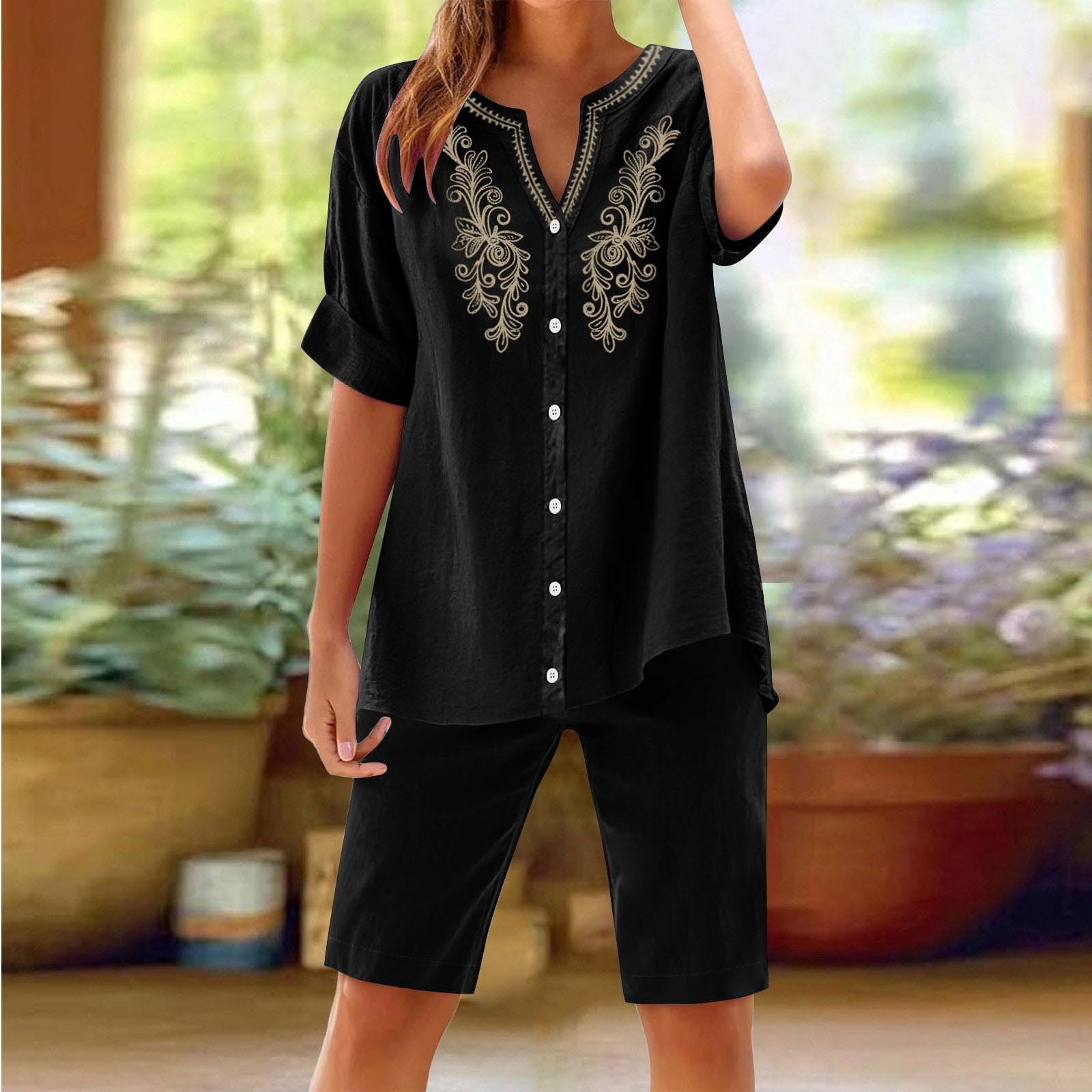 Womens 2 Piece Outfits Short Sleeve Cotton Linen Embroidered Shirts Wide Leg Capri Pants Matching Sets