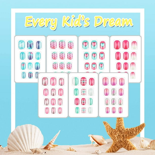 84 pcs Enfants Appuyez sur les Ongles Colle Couverture Enfants Coloré Faux  Ongles Kits Colle sur les Ongles pour les Enfants, Petites Filles Cadeau 5  Pack 