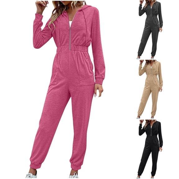 Hooded Zipper Jumpsuit with Pockets, Women's Long Sleeve Hoodie Romper, Casual Lounge Jogger Set, Athletic Leisure Wear, Birthday Gifts for Women | Sopatenor,Black XL