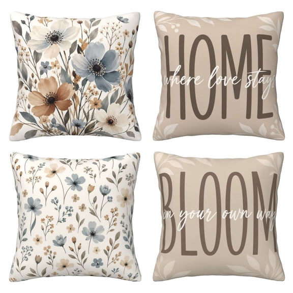 4 Pack Throw Pillow Covers 18x18 Inch, Neutral Botanical Decorative Pillow Cases, Faux Linen Square Cushion Covers for Couch Sofa, Living Room Bedroom Beige Farmhouse Decor
