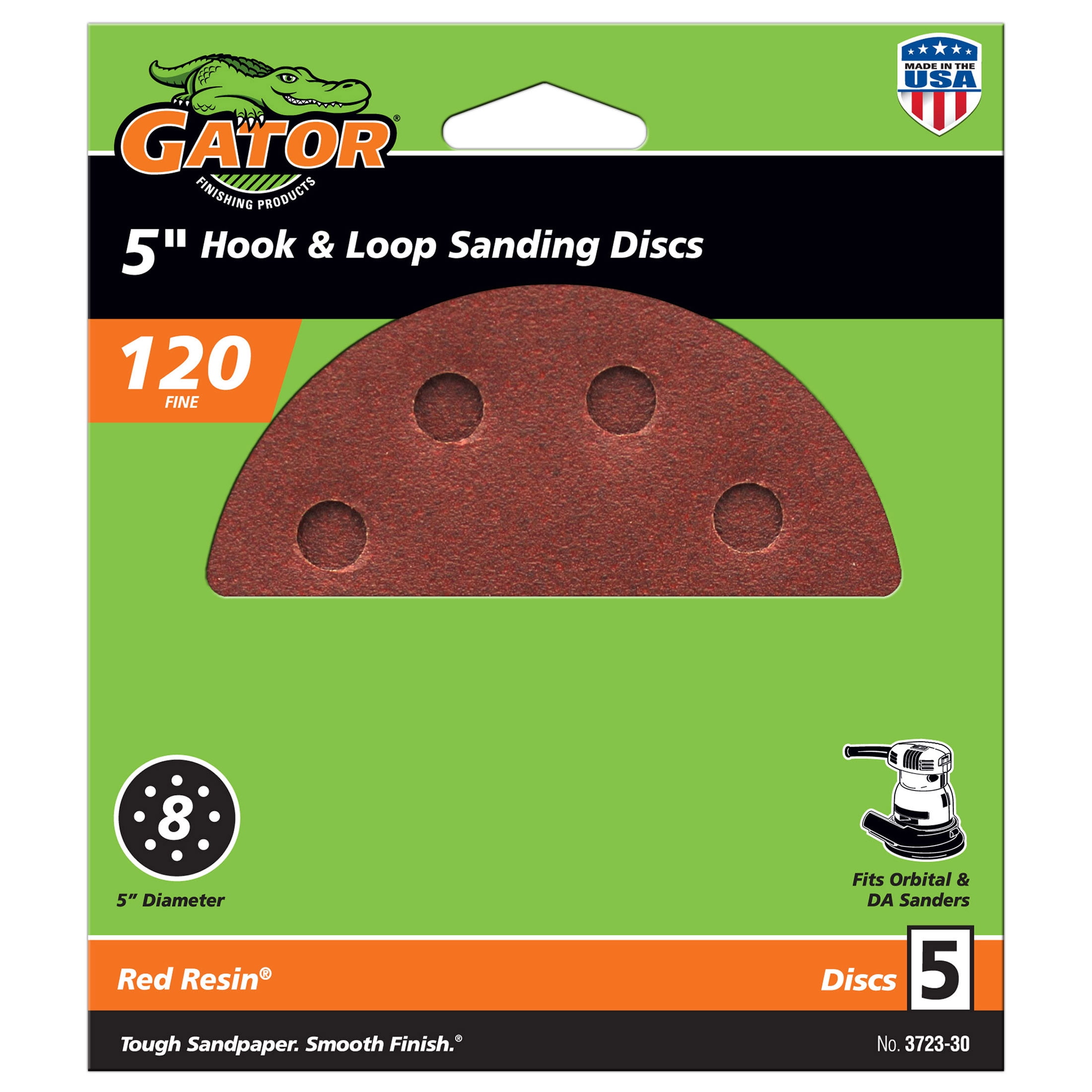 Gator 5-Inch 8-Hole Red Resin Aluminum Oxide Multi-Surface Hook and Loop Sanding Discs, 120 Grit, 5-Pack, 3723-30