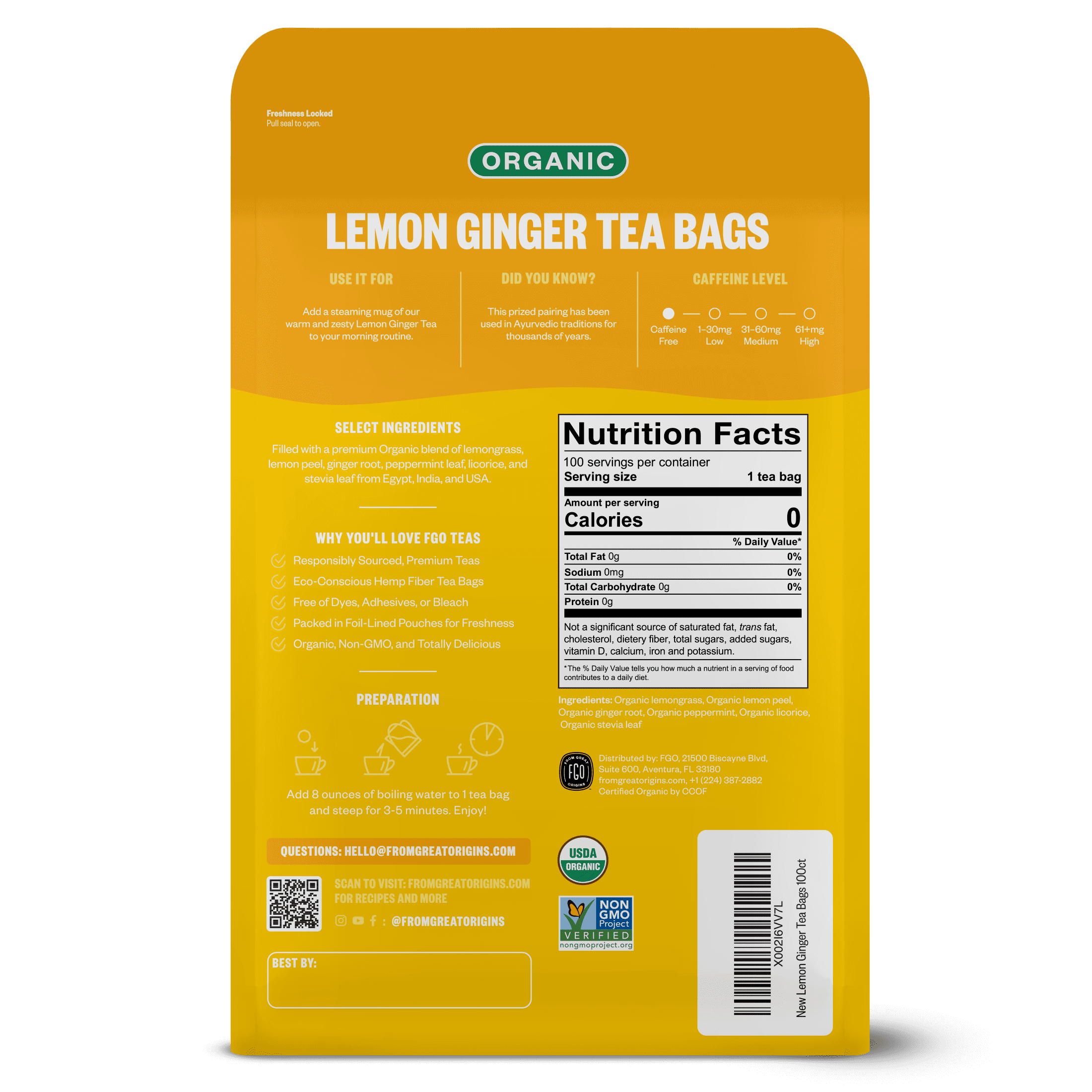 FGO Lemon Ginger Tea, Organic, Eco-Conscious Tea Bags (100 Count)