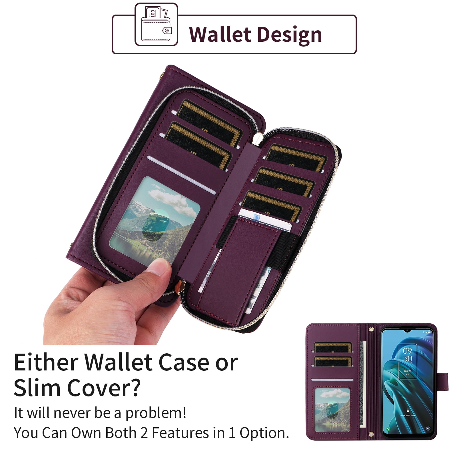 Furiet Argyle Wallet Case for TCL 30XE/30V/4X/20AX/20A/20R/Bremen 5G with Wrist/Shoulder Strap Slot Zipper Purse Card Holder Stand Phone Cover for TLC T601DL 30 XE XE5G V 20 AX R A 6.67 Deep Purple