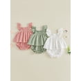thumbnail image 3 of BemeyourBBs Toddler Baby Girl Summer Clothes Infant Baby Girl Cotton Smocked Outfit Solid Floral Flying Sleeve Ruffle Tank Tops and Shorts Set Little Girls 2 Piece Summer Outfit, 3 of 9