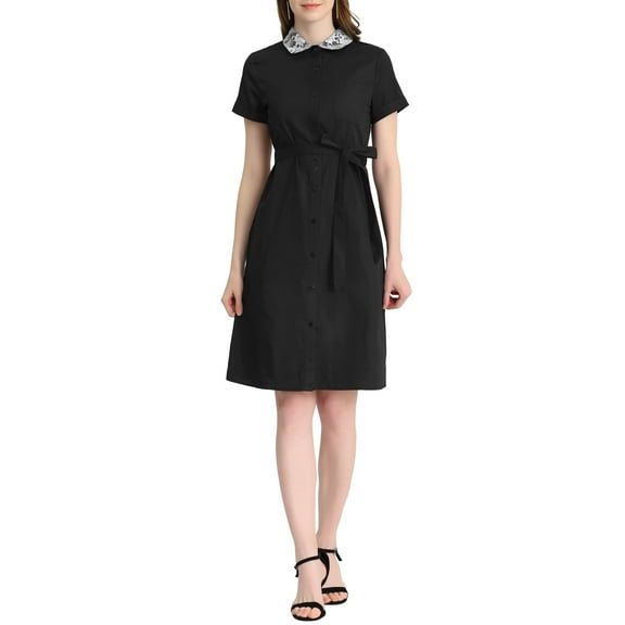 INSPIRE CHIC Women's Peter Pan Collar Button Down Belted Short Sleeve Denim Shirt Dress S Black