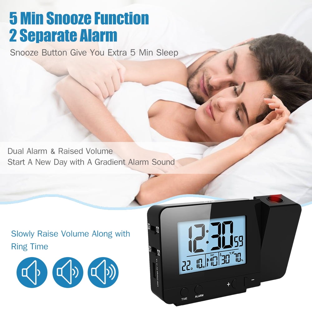 Clock Projection Alarm Clock For Bedroom With Thermometer Hygrometer Digital Project Ceiling Clock Dimmable LED Display With USB Charger 180Rotable With Dual Alarms 12/24H Snooze