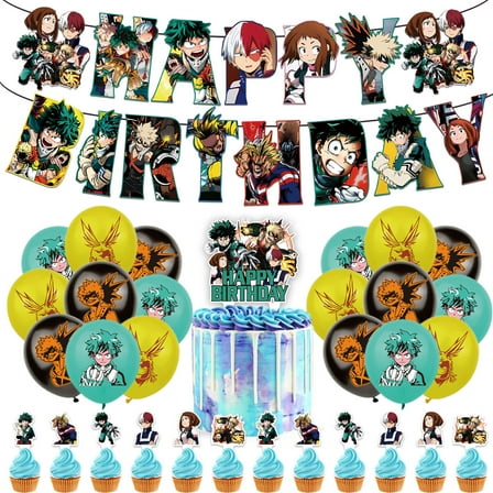 32 Pcs For My Hero Academia Party Decoration Set – Includes Banner, 18 Balloons, and 13 Cupcake Toppers for Themed Celebrations