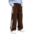 thumbnail image 5 of BXJX Boys Cargo Pants, Multi Pocket Straight‑Leg Side Stripe Elastic Waist Casual Trousers Brown Size 14-15 T, 5 of 8