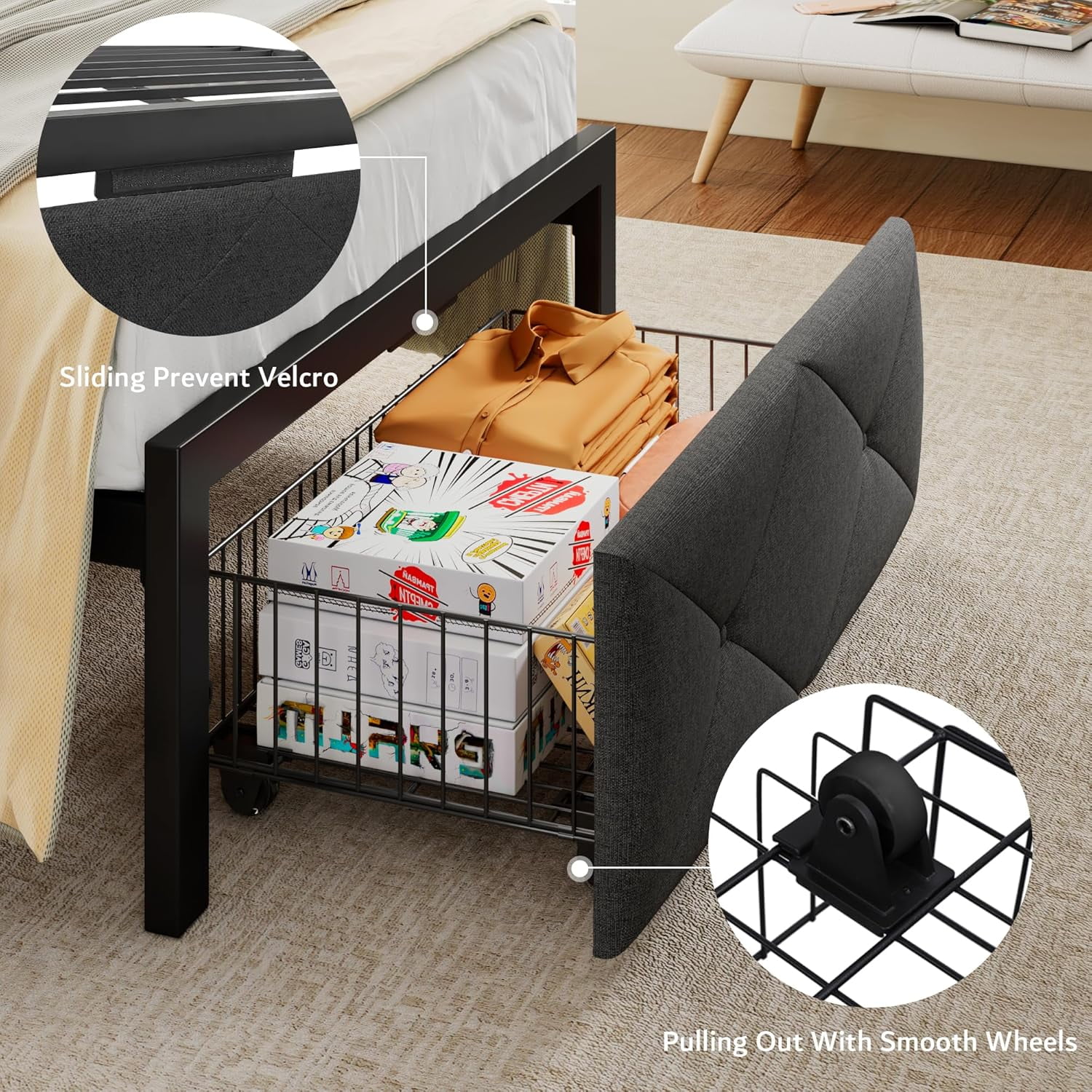 iPormis Twin Bed Frame with Storage Drawers, Linen Upholstered Headboard Platform Bed with Charging Station, No Box Spring Needed, Metal Slats Support, Noise-Free, Easy Assembly, Grey