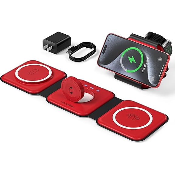3-in-1 Foldable Wireless Charging Station for Multiple Devices Red