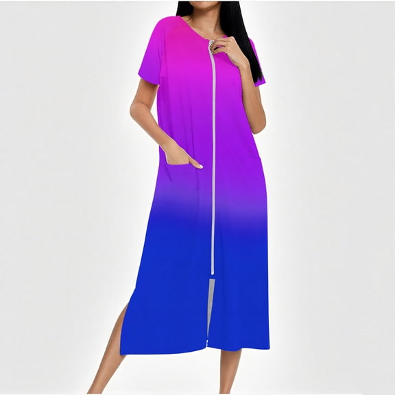 Long Knit Zip-Front Robe for Women with Pockets, Soft Full-Length Housecoat for Lounging and Sleepwear