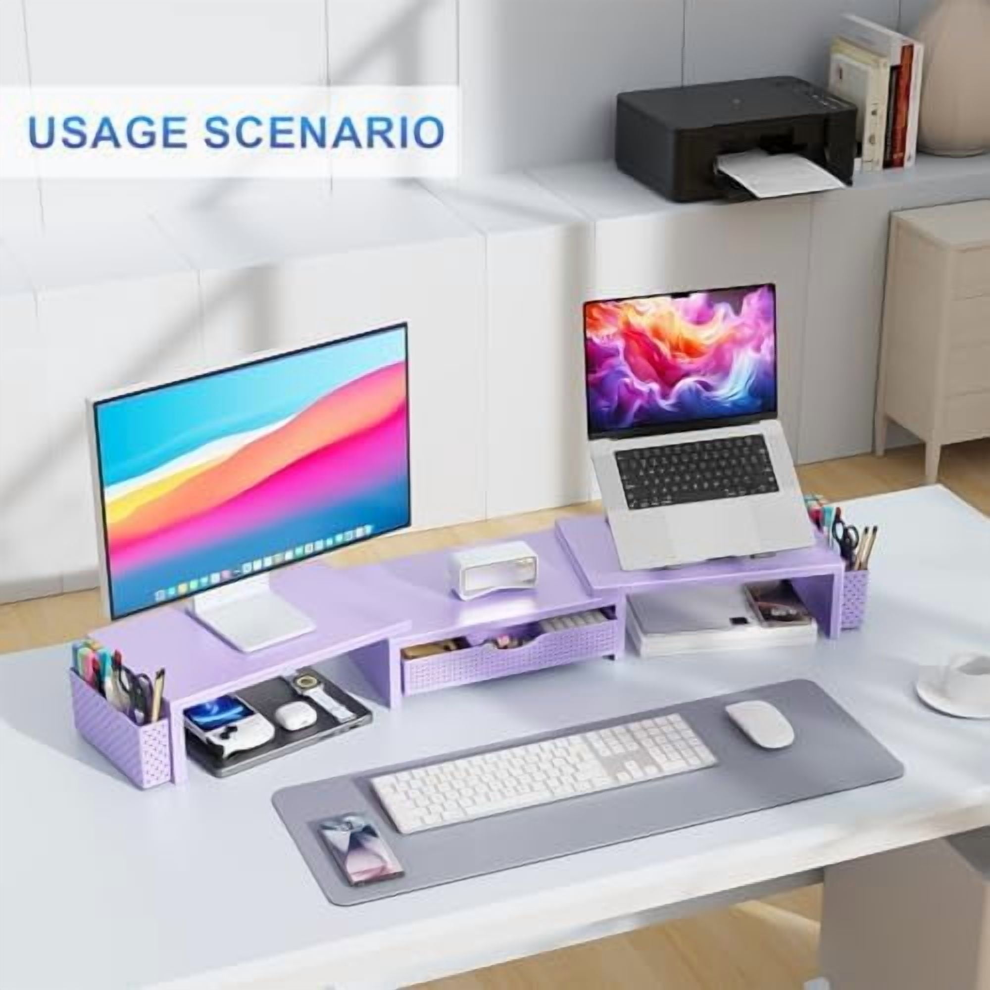 Dual Monitor Stand Riser, Desk Organizer With Drawer and 2 Pen Holders, Desk Organizers and Accessories, Purple Office Decor (Purple)